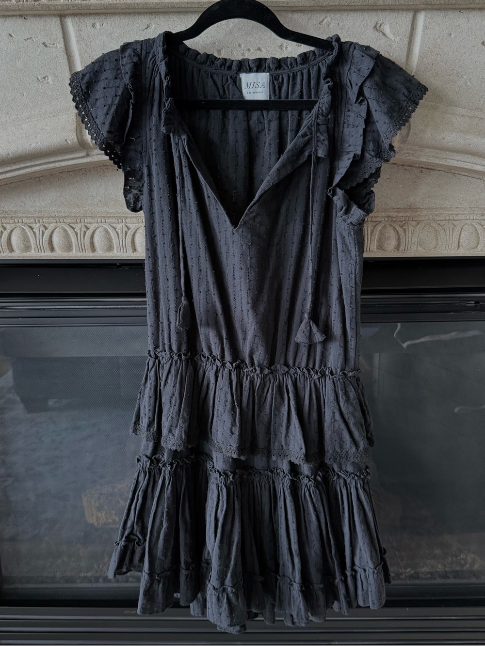 Misa Los Angeles Black Ruffled Tiered V-Neck Dress